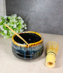 Black Brown Waterfall Ceramic Japanese Matcha Green Tea Bowl Whisk & Scoop Set