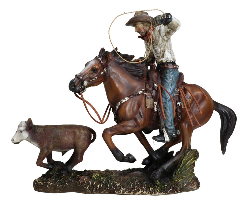 Rustic Western Cowboy Riding On Horse Rodeo Tie Down Roping A Calf Figurine