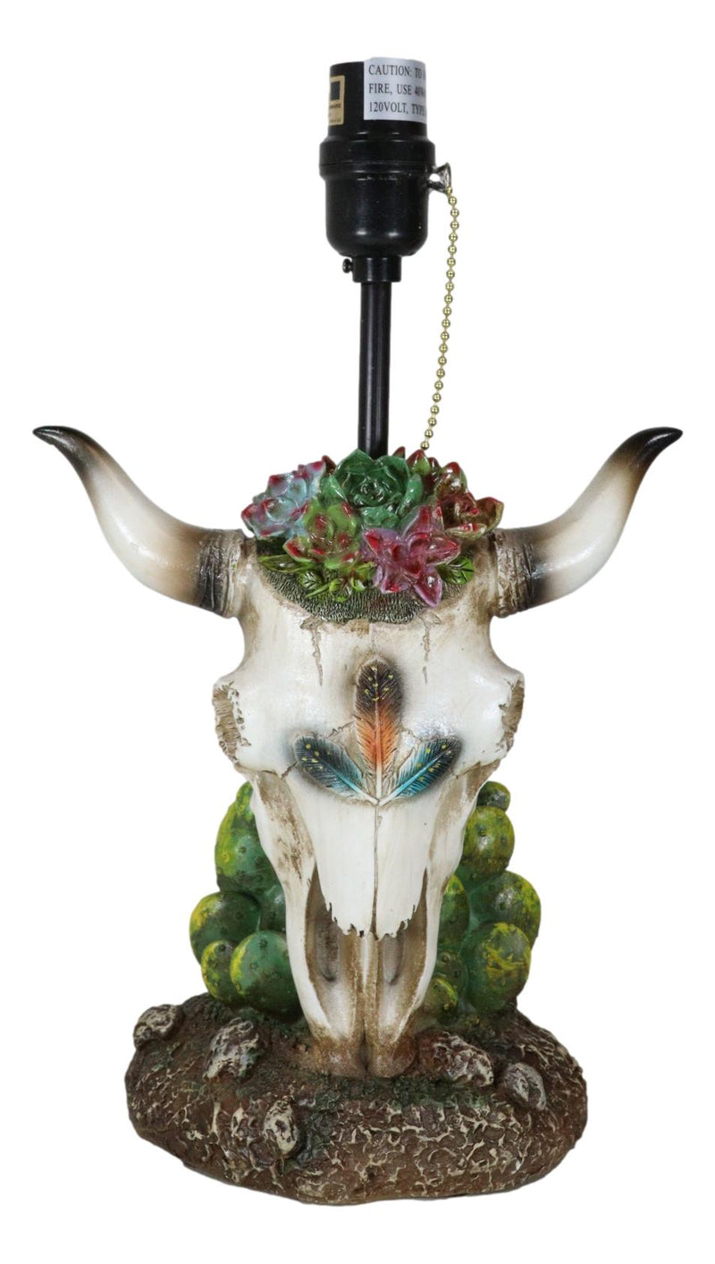 Rustic Western Cow Skull With Floral Succulents Feathers And Cactus Table Lamp