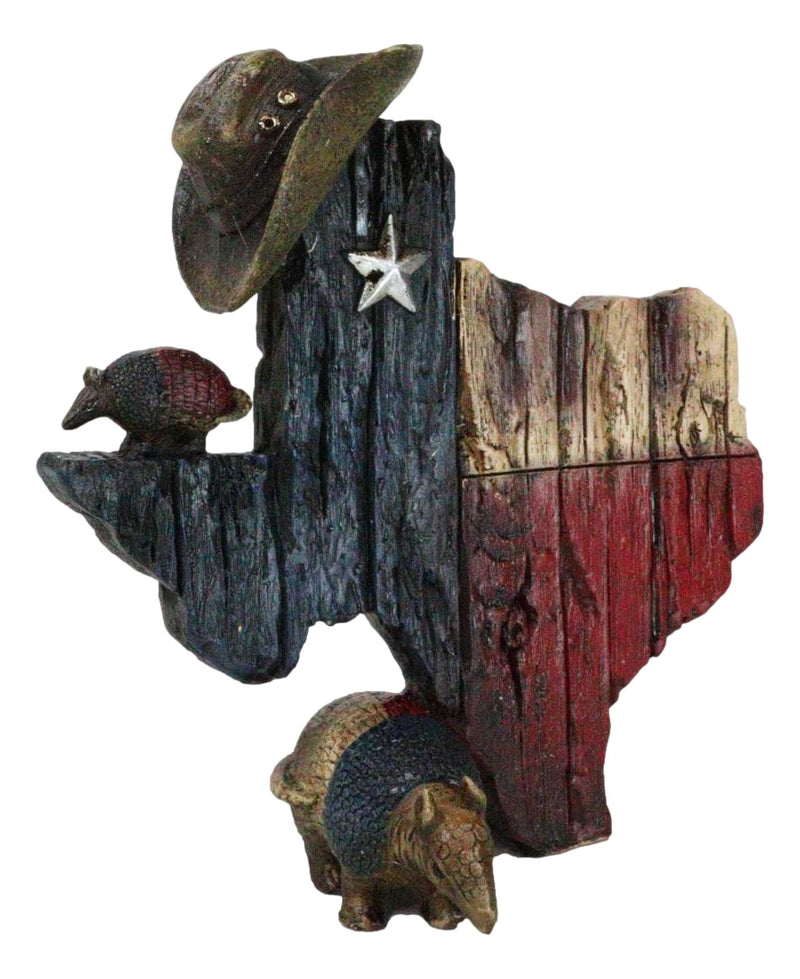 Rustic Western Lone Star State Texas Map with Armadillos and Cowboy Hat Figurine