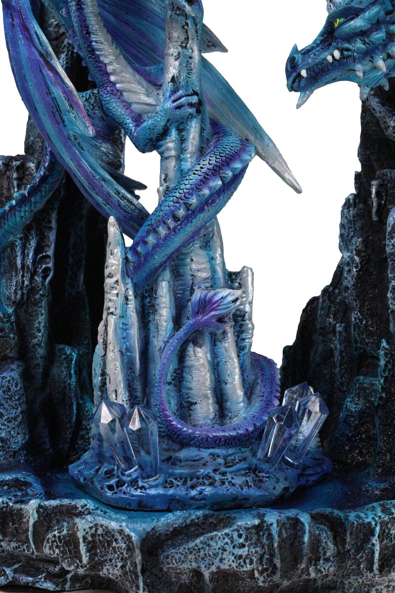 20"H Large Blue Frozen Dragon On Arch With Wyrmling By Ice Stalagmite Statue