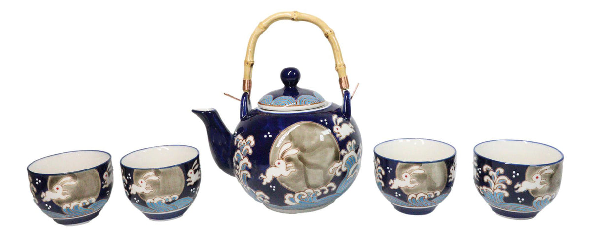 Blue Moon Rabbit Porcelain 30oz Teapot With Bamboo Handle And 4 Tea Cups Set