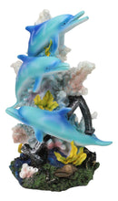 3 Blue Dolphins Swimming Around Coral Reef With Sunken Ship Anchor Figurine