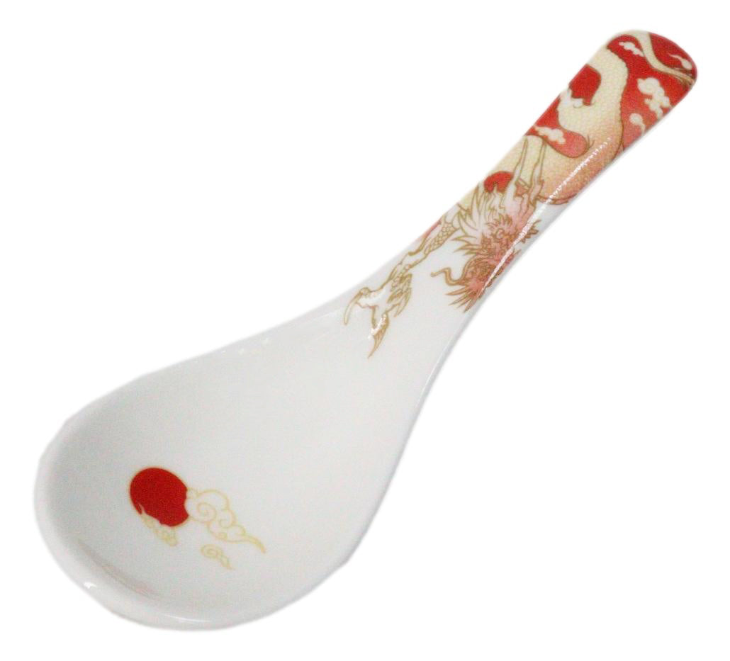 Set of 6 Red Ryu Dragon Porcelain Asian Soup Spoons Japanese Ramen Pho Wonton