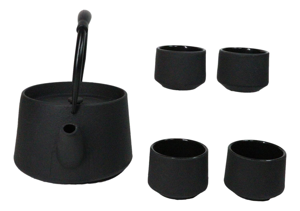 Black Modern Straight Edge Tetsubin Cast Iron Teapot 33oz And 4 Tea Cups Set