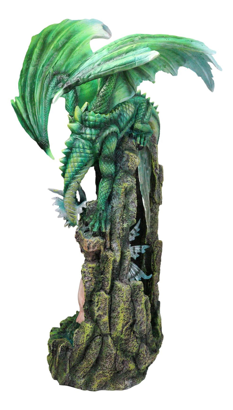 Large Elf Fairy With Green Emerald Dragon by Ice Crystals Stone Arch Statue