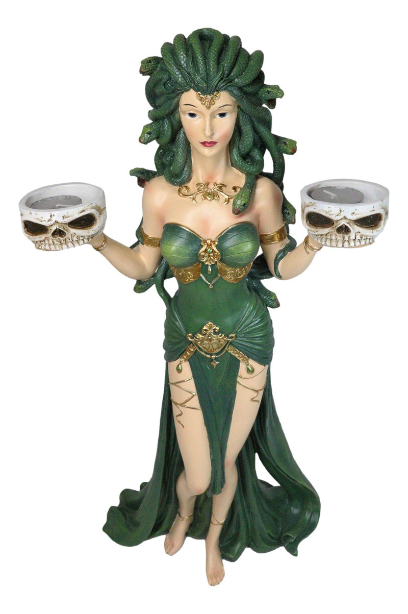Large Greek Gorgon Goddess Medusa In Green Gown Dual Votive Candleholders Statue