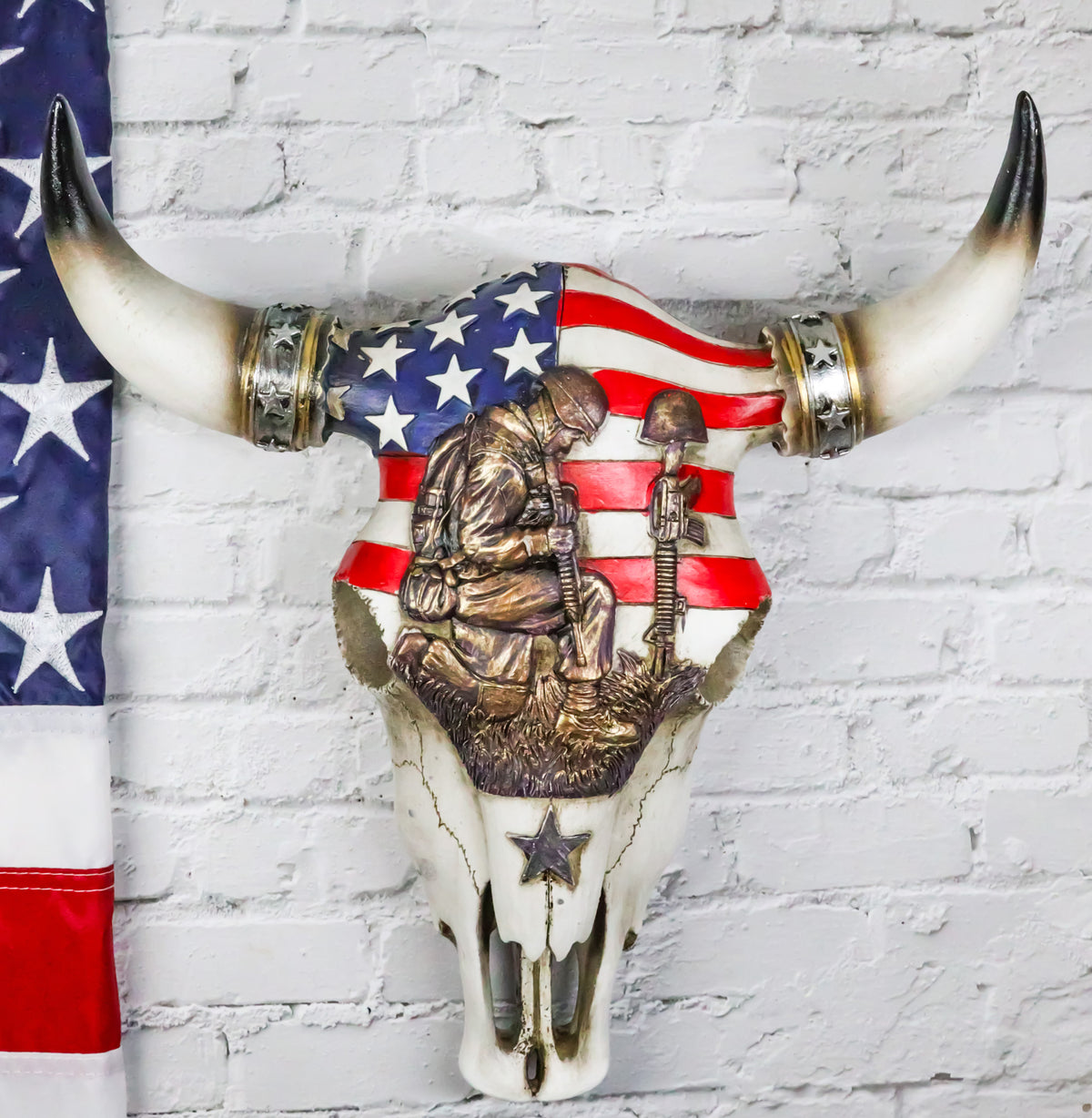 Western Patriotic USA Flag Helmet Rifle Soldier Memorial Cow Skull Wall Decor - Ebros Gift