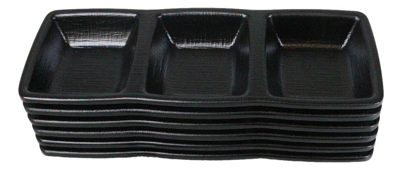 Pack Of 6 Black Silk Melamine 3 Partition Condiment Sauce Dipping Bowl or Dishes