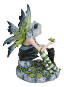 Feline Fairy In Green White Striped Leggings With Black Fae Winged Cat Figurine