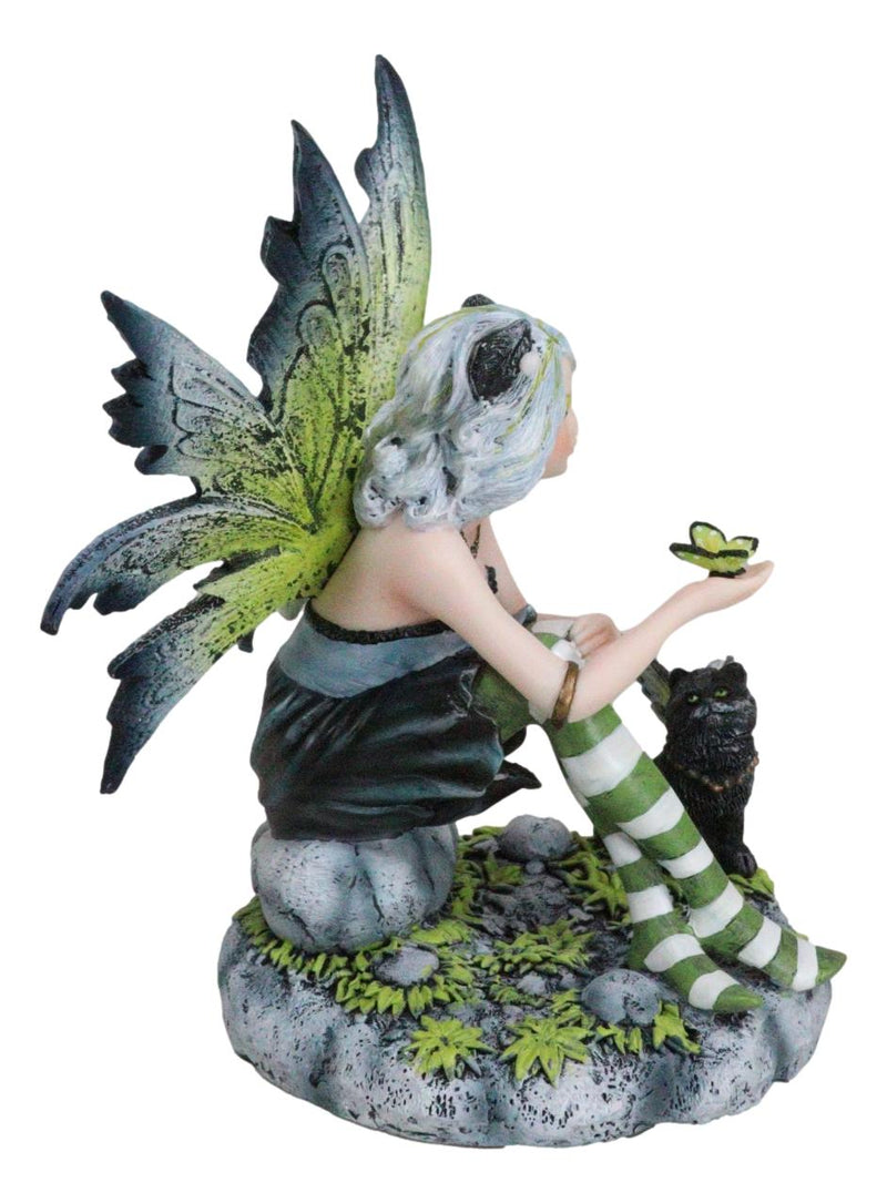 Feline Fairy In Green White Striped Leggings With Black Fae Winged Cat Figurine
