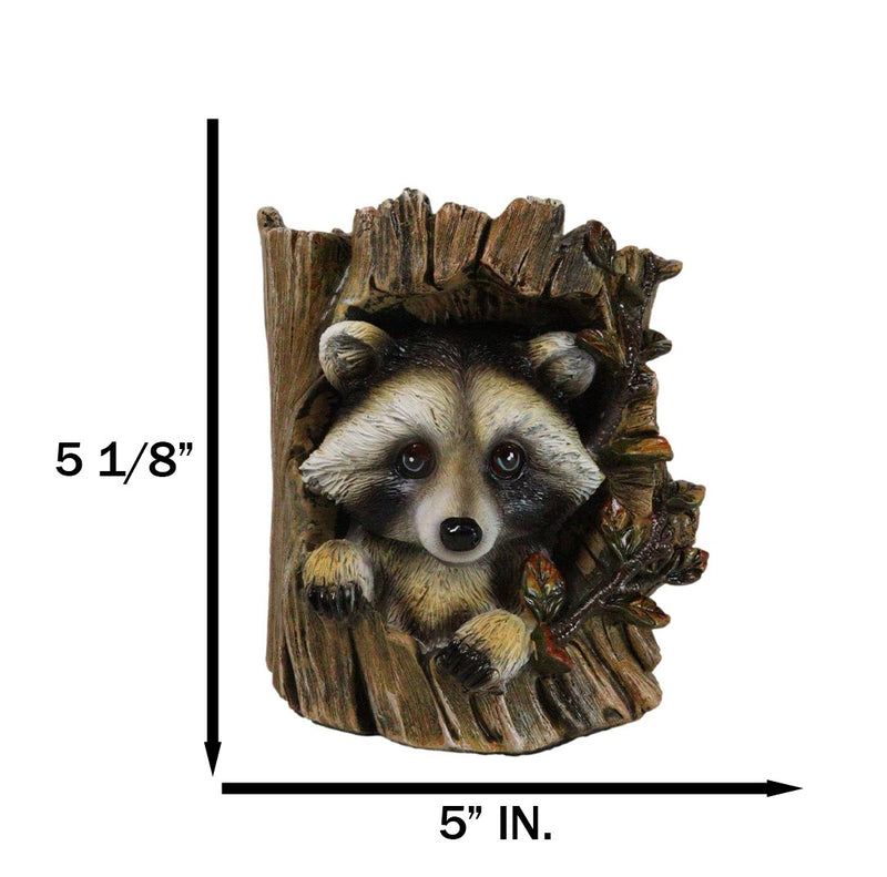 Rustic Western Lifelike Gray Raccoon Hiding In Tree Trunk Decorative Figurine