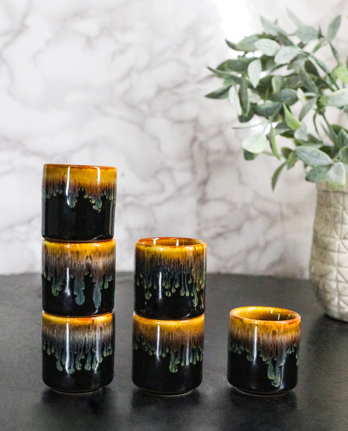 Set of 6 Brown Drip Glaze Porcelain 1.25oz Ochoko Yuzu Sake Cups Drinkware