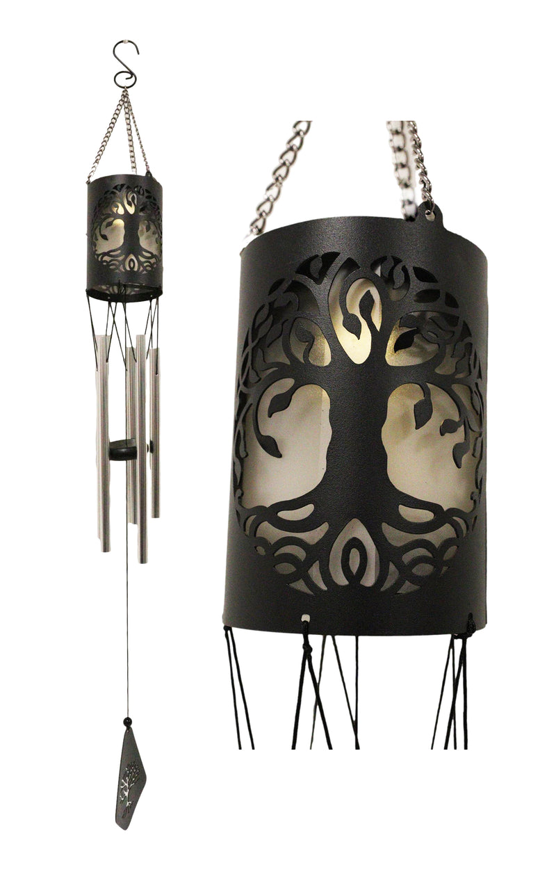 Celtic Tree Of Life Cylindrical Steel Metal Filigree Hanging Solar Wind Chime