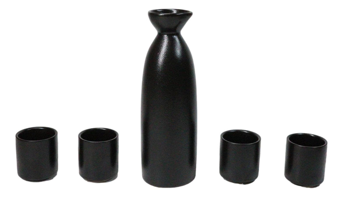 Minimalistic Black Kokuyo Porcelain Sake Carafe Flask 9oz & 4 Ochoko Cups Set
