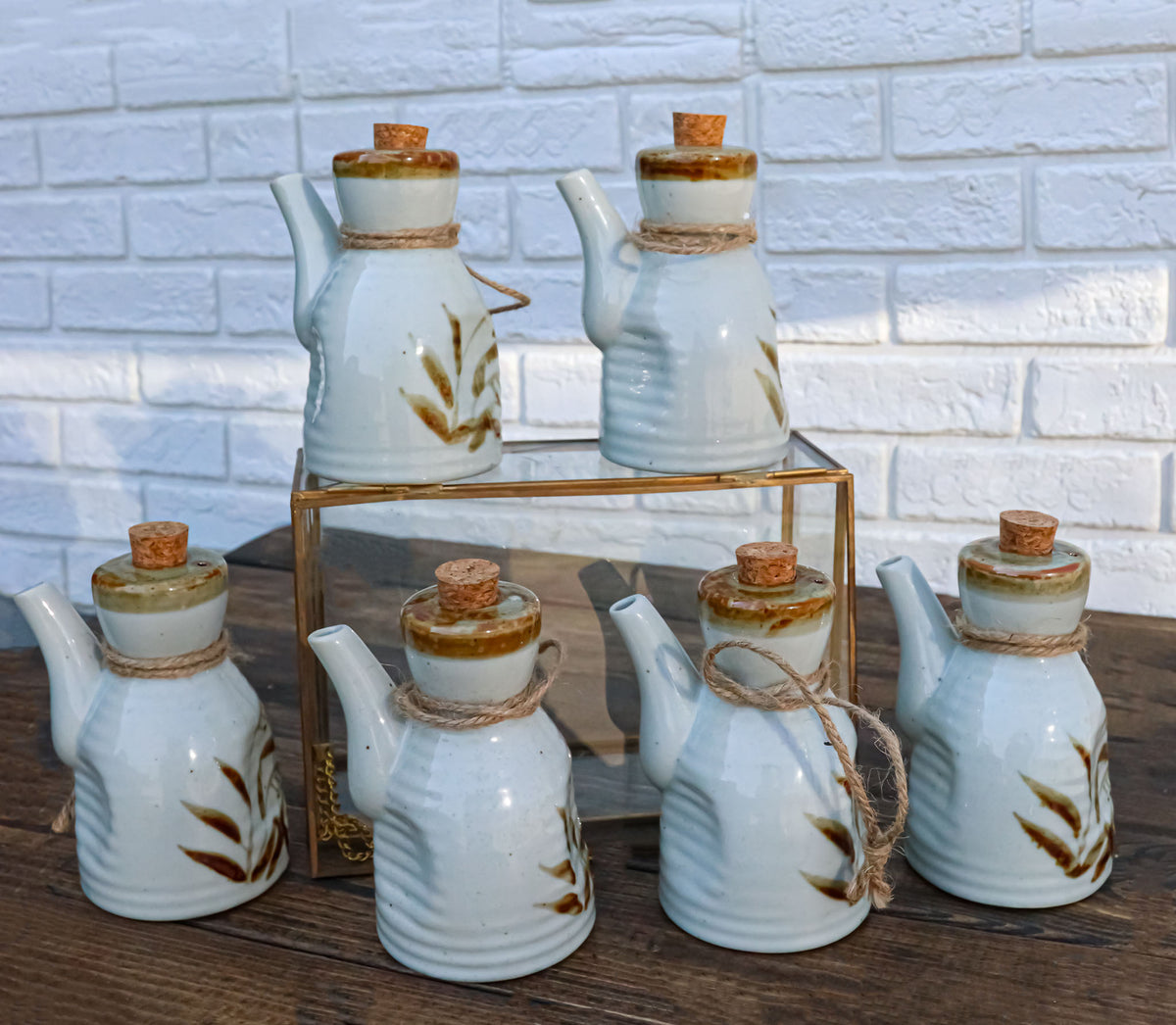Pack of 6 Porcelain White Brown Reed Soy Sauce Vinegar Oil Dispenser Flask 7oz