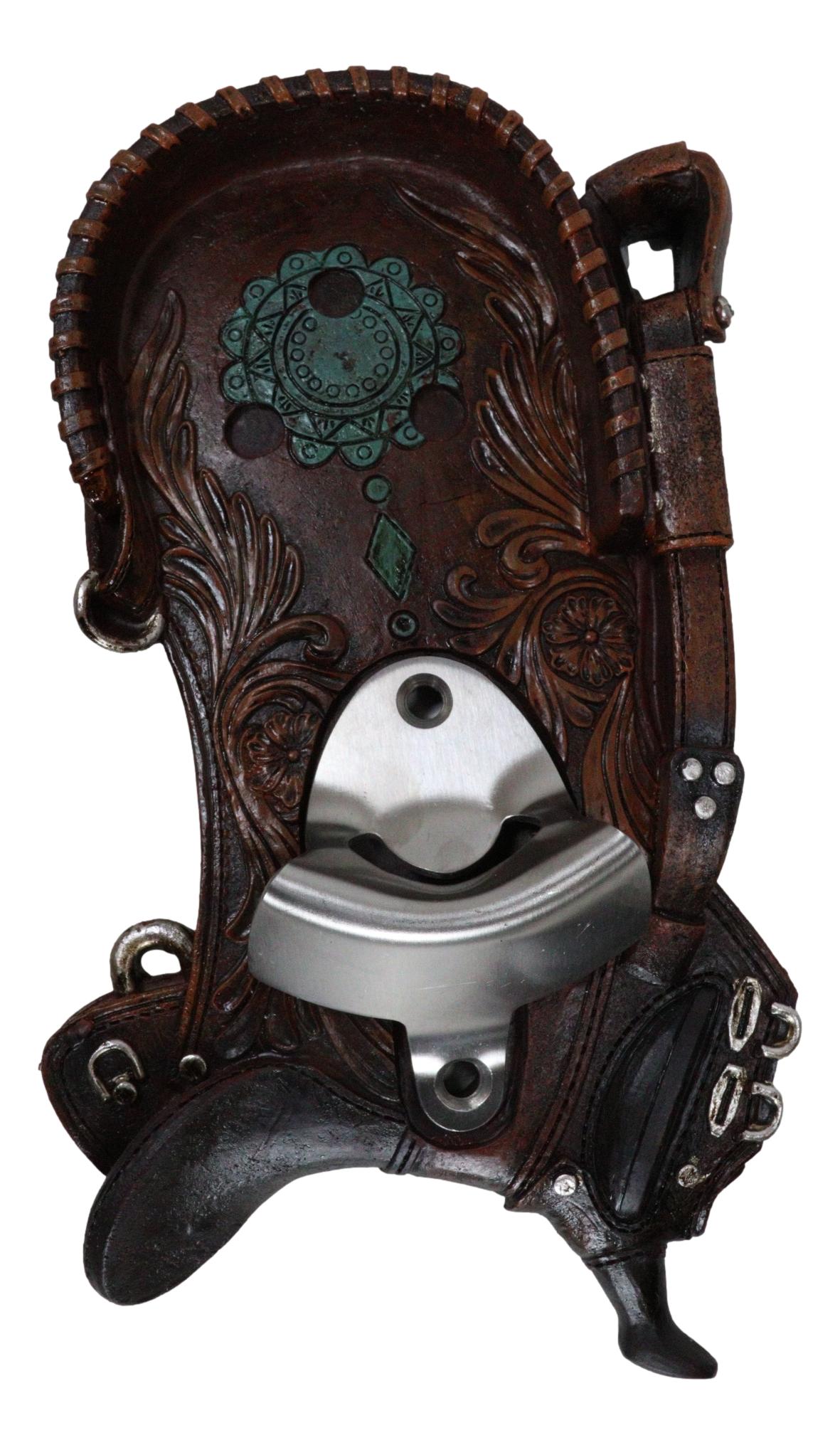 Rustic Western Cowboy Horse Saddle Tooled Floral Faux Leather Wall Bottle Opener