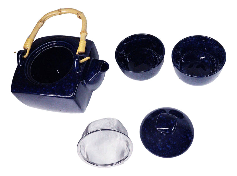 Speckled Navy Blue Zen Fusion Reactive Glaze 32oz Teapot With 2 Tea Cups Set
