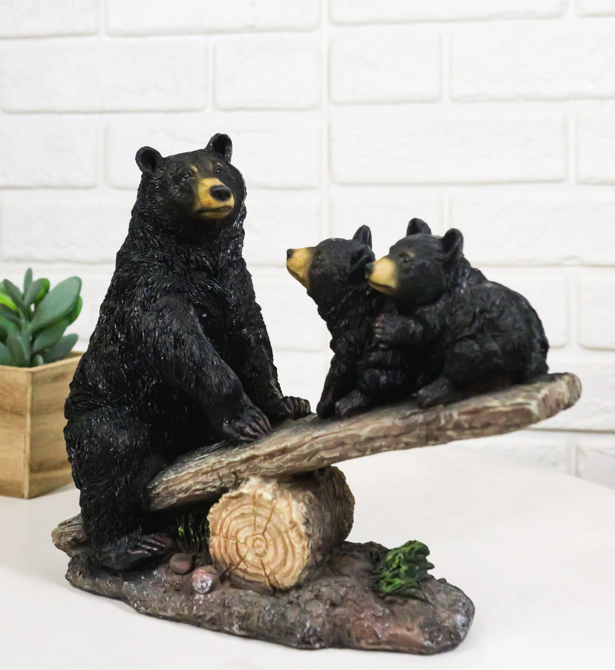 Rustic Forest Black Bear Mother and 2 Cubs Sitting On Tree Logs Seesaw Figurine