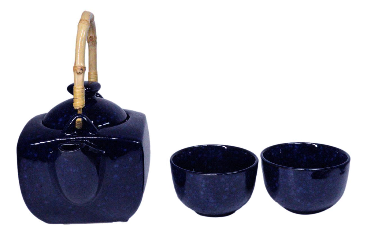 Speckled Navy Blue Zen Fusion Reactive Glaze 32oz Teapot With 2 Tea Cups Set