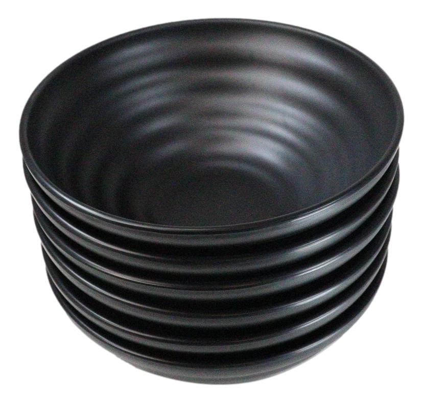 Pack Of 6 Contemporary Ridged Matte Black Melamine Round Ramen Soup Bowls 40oz