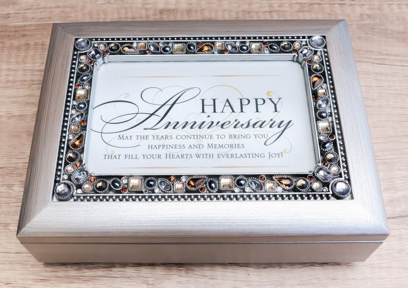 Happy Anniversary Polycast Brushed Pewter Crystal Gemstones Musical Trinket Box