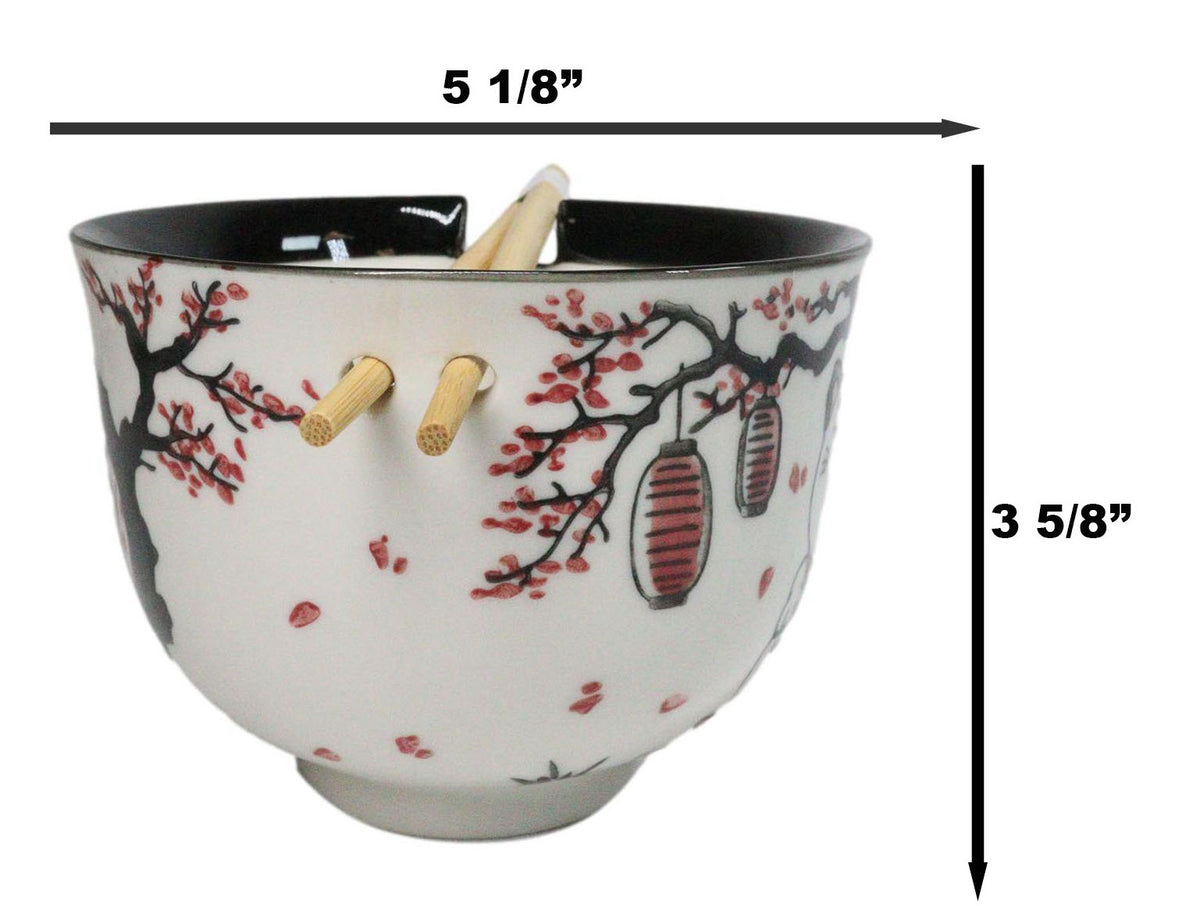 Lucky Cat Maneki Neko Sakura Festival Porcelain Ramen Bowl With Chopsticks Set