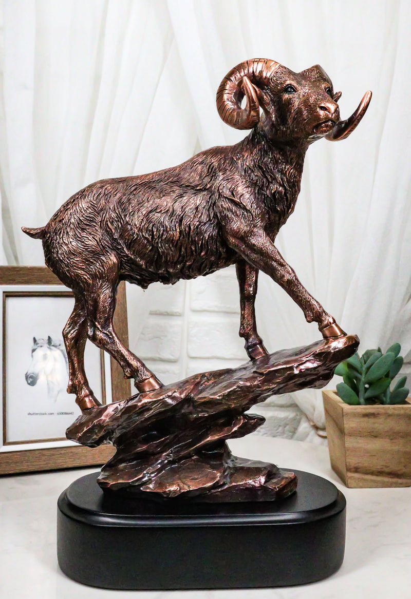 Ebros Gift Country Wildlife Animal Taxidermy Bighorn Sheep Ram Climbing on Sloping Rock Statue with Trophy Base 12" H Bronze Electroplated Resin Figurine Cabin Lodge Cottage Themed Decor Accent
