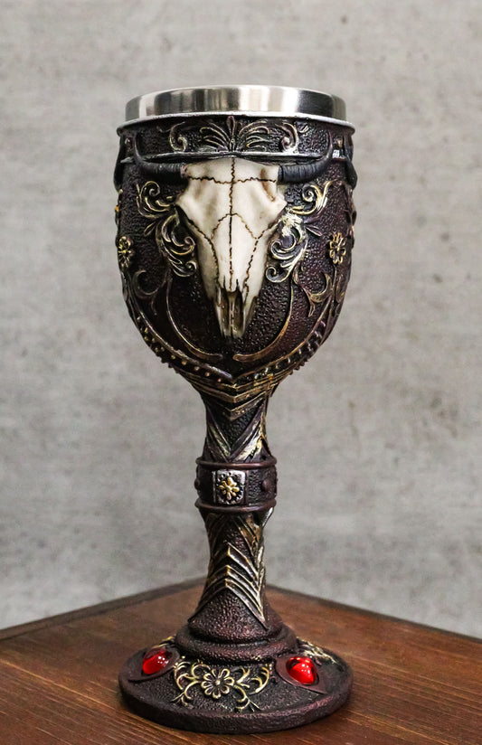 Ebros Horned Wild Bison Steer Tribal Skull Red Cyrstals Maroon Wine Chalice Goblet Cup - Ebros Gift
