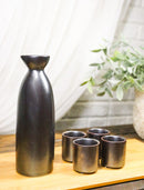 Black Iron Clay Tetsu Kesho Porcelain Sake Carafe Flask 9oz & 4 Ochoko Cups Set