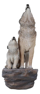 Large Full Moon Howling Spirit Wolf Alpha With Puppy On Rock Ledge Statue 15.5"H