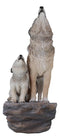 Large Full Moon Howling Spirit Wolf Alpha With Puppy On Rock Ledge Statue 15.5"H