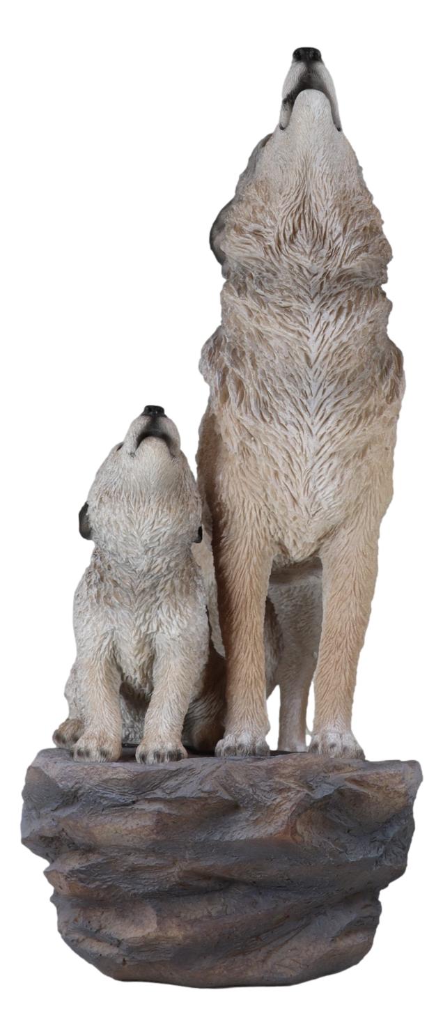Large Full Moon Howling Spirit Wolf Alpha With Puppy On Rock Ledge Statue 15.5"H