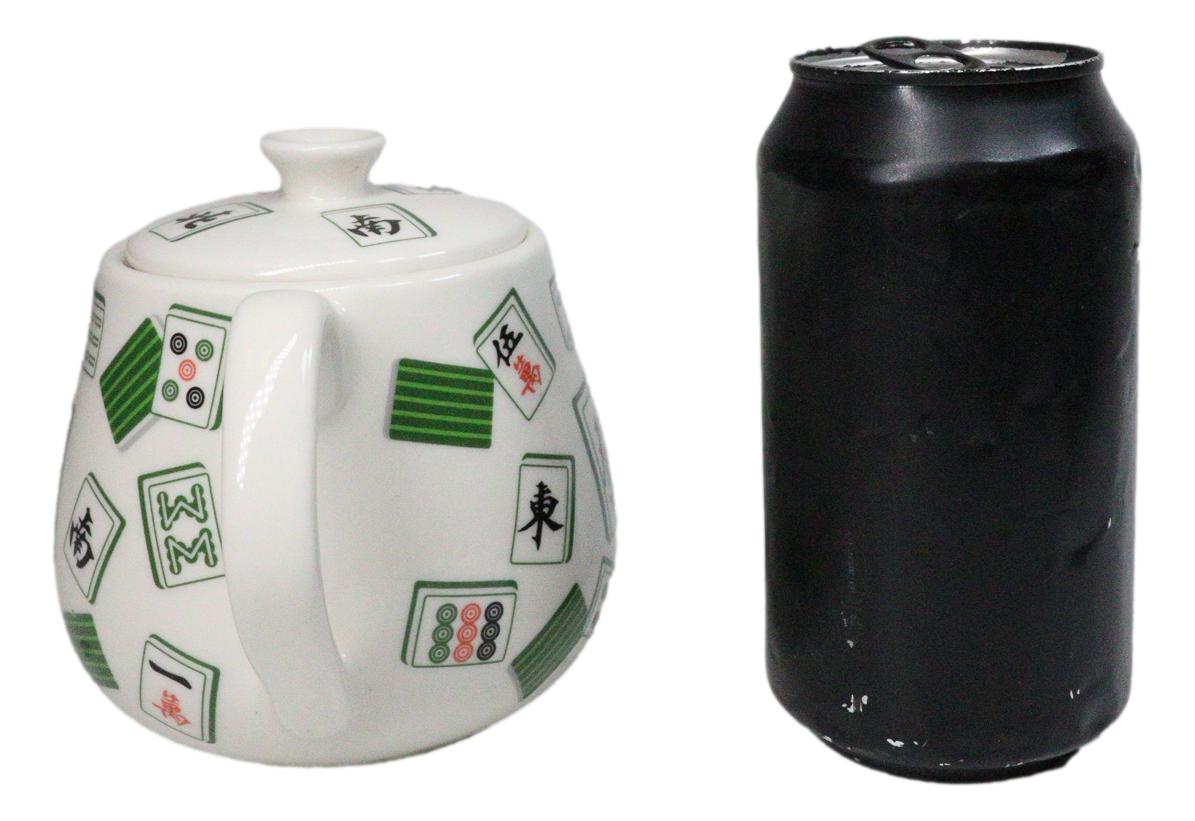 Green And White Iconic Chinese Mahjong Tiles Ceramic Tea Pot 15oz With Strainer
