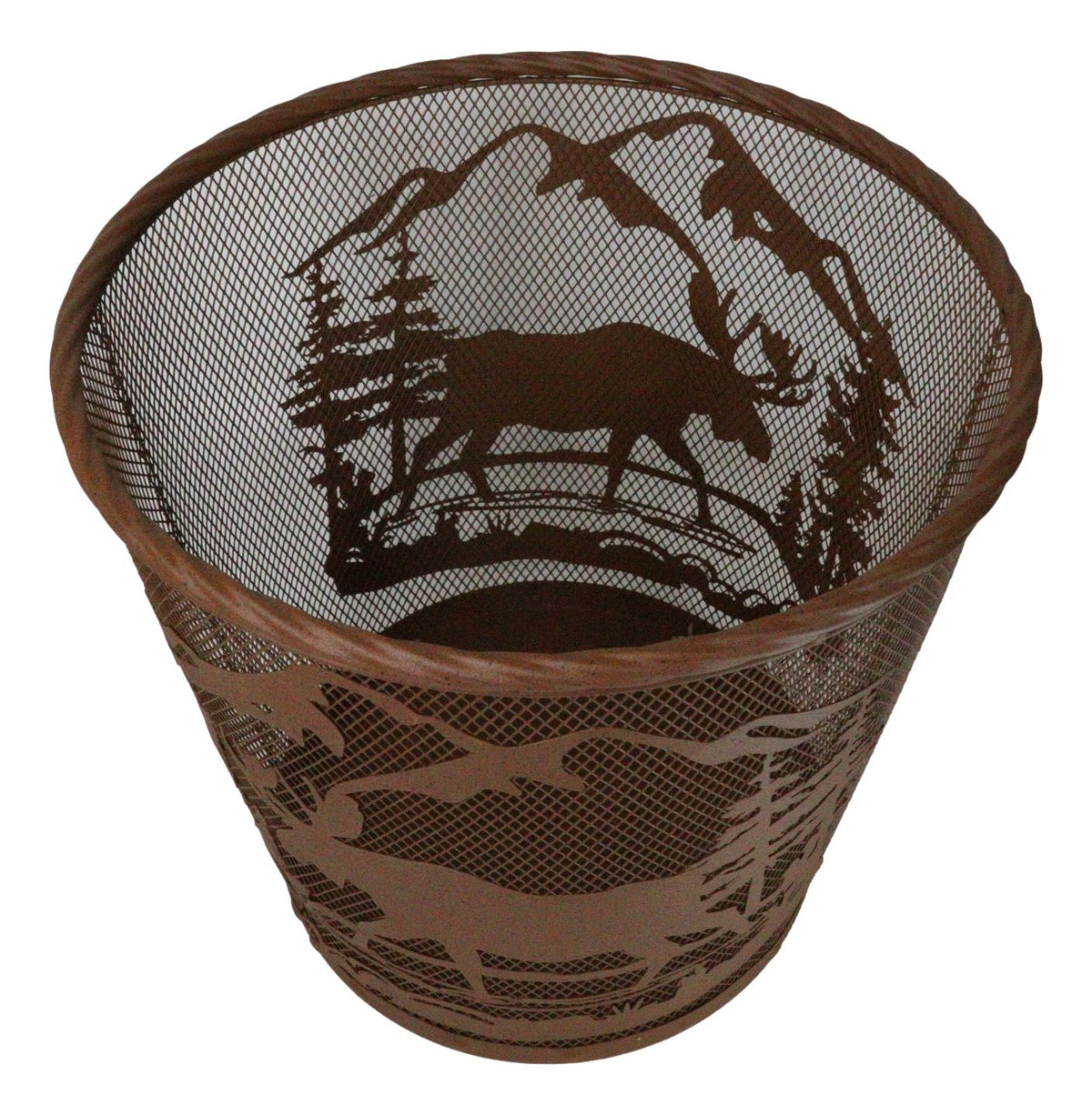 Rustic Deer Moose By Pine Forest Mountains Metal Wire Waste Basket Trash Bin - Ebros Gift