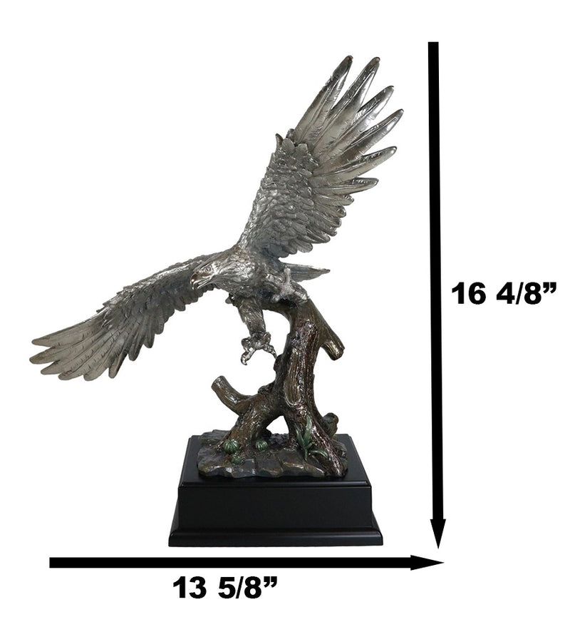 Electroplated Pewter Silver Bald Eagle With Open Wings Soaring Over Tree Statue