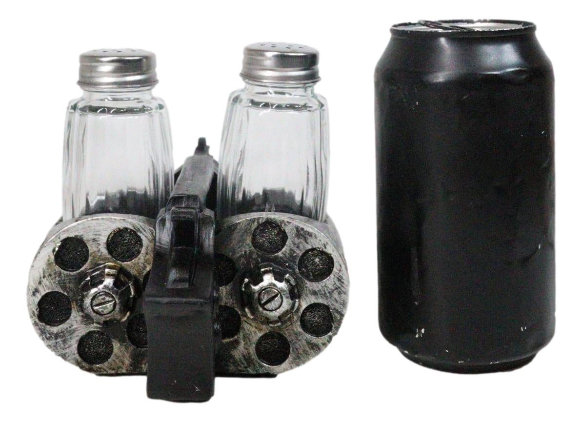 Old World Western Pistol Gun With Giant Barrels Salt Pepper Shakers Holder Set