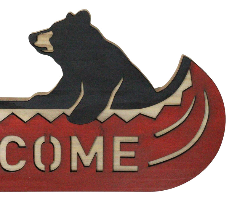 Rustic Father Bear With Cub Rowing Red Canoe Boat Welcome MDF Wall Decor Plaque