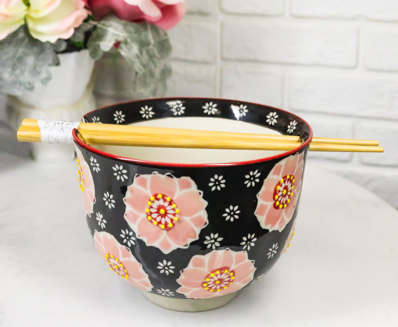 Black And Pink Cherry Blossoms Sakura Donburi Ramen Bowl With Chopsticks Set
