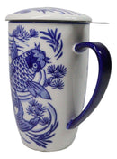 Blue Koi Fish In Water 15oz Porcelain Tea Mug With Lid Stainless Steel Infuser
