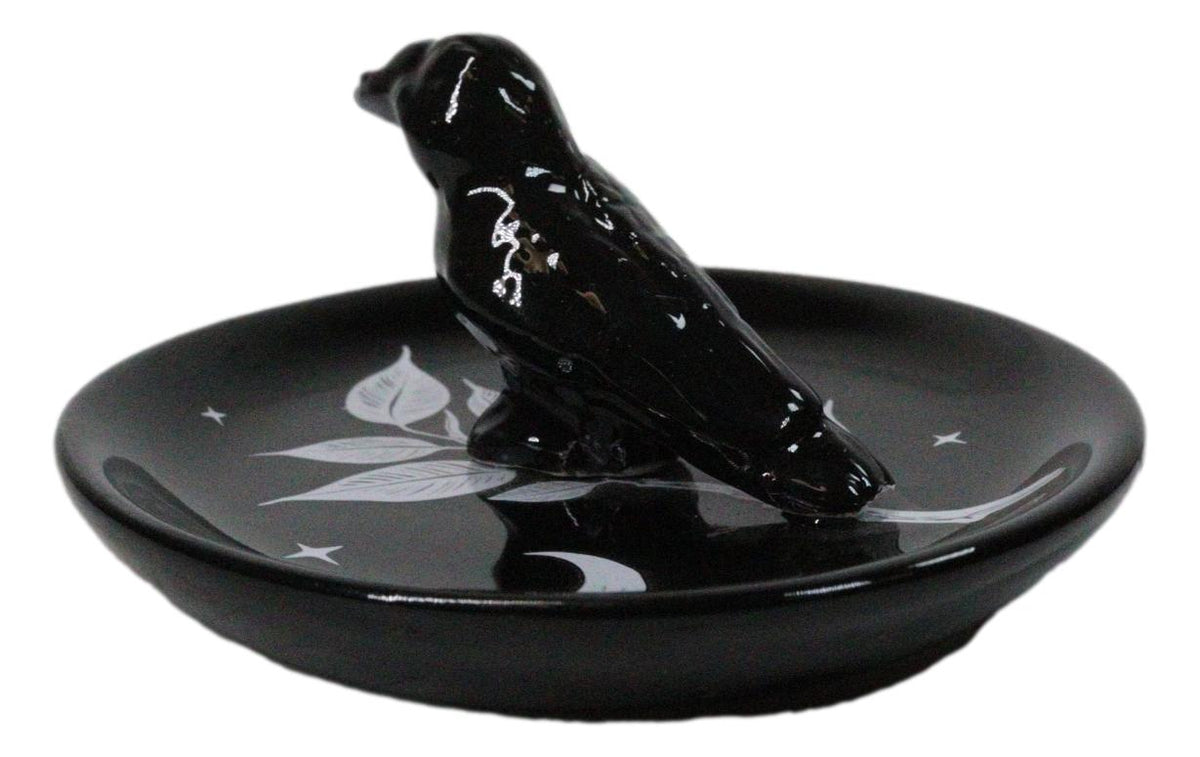 Wicca Gothic Mystic Raven Crow With Crescent Moon Ceramic Trinket Jewelry Dish