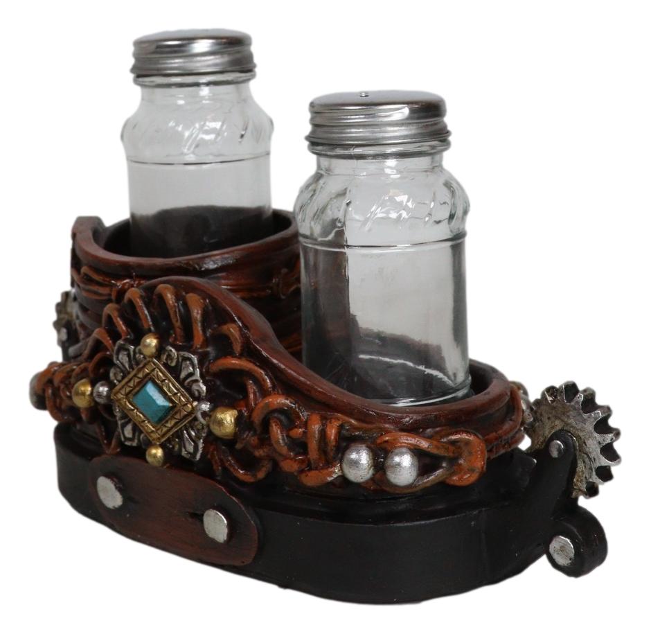 Western Cowboy Double Boot Spurs And Concho Faux Leather Salt Pepper Shakers Set - Ebros Gift