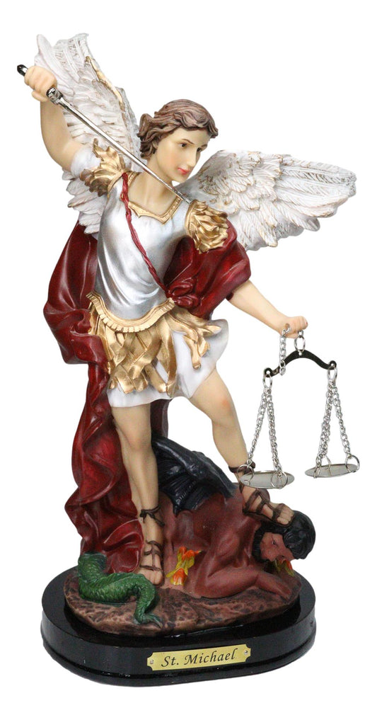 Archangel Saint Michael Trampling Satan With Sword and Scales of Justice Statue