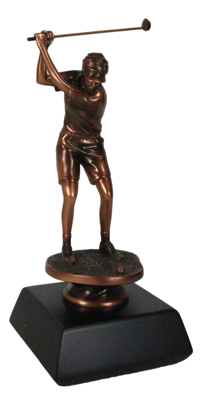 Professional Lady Golfer Swinging Golf Club On A Tee Bronze Electroplated Statue