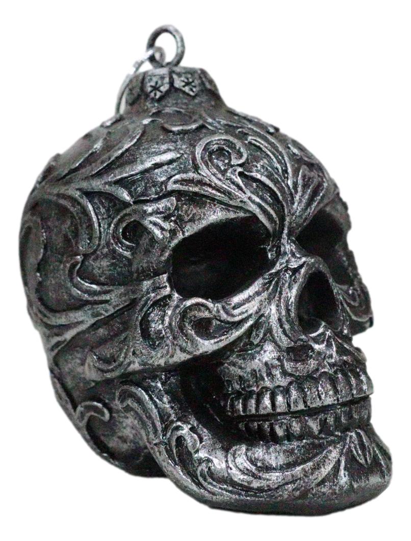 Set of 4 Day Of The Dead Faux Gunmetal Silver Tribal Tattoo Skull Tree Ornaments