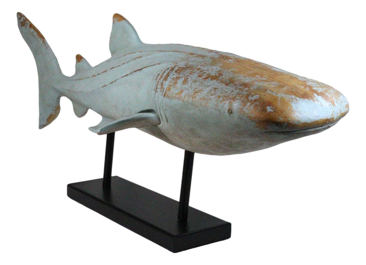 Large Nautical Marine Whale Shark Faux Wood Sculpture On Black Stand 37" Long
