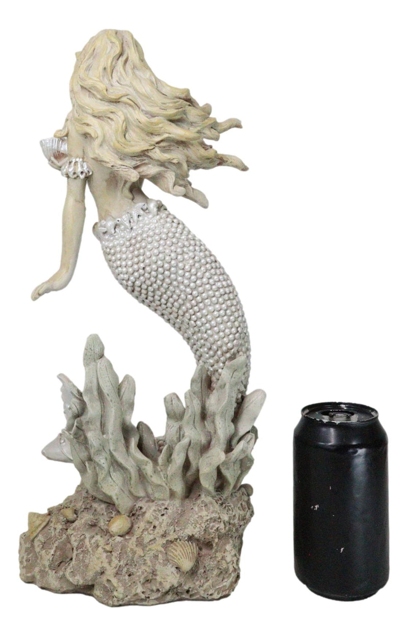 Large Vintage Sea Goddess Mermaid Holding Sconce Standing By Coral Reef Statue