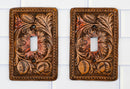 Set of 2 Western Tooled Floral Lace Faux Wood Wall Single Toggle Switch Plates