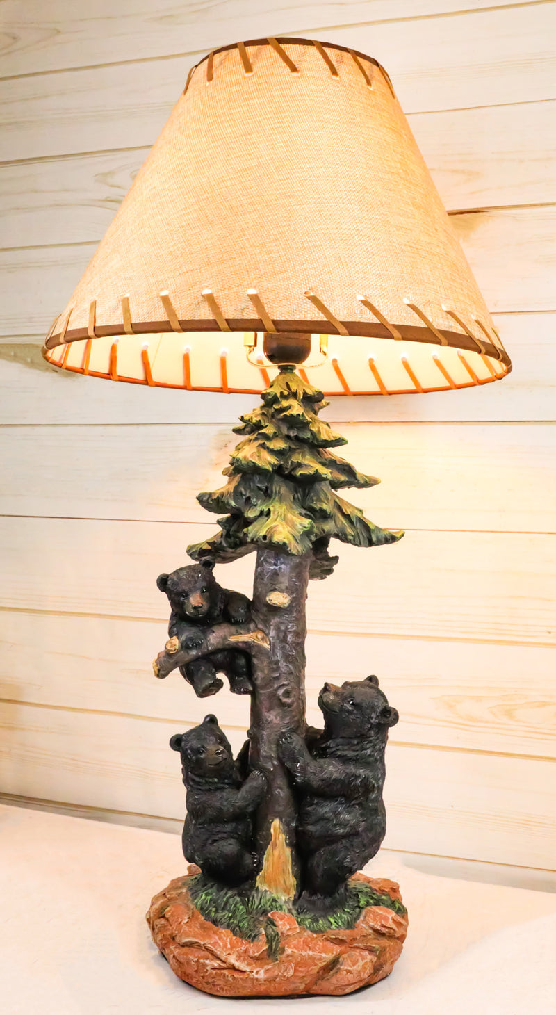 Rustic Western Forest Black Mama Bear With Cubs Climbing On Pine Tree Table Lamp