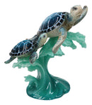 Marine Blue Shelled Sea Turtle Mother and Hatchling Swimming With Waves Figurine